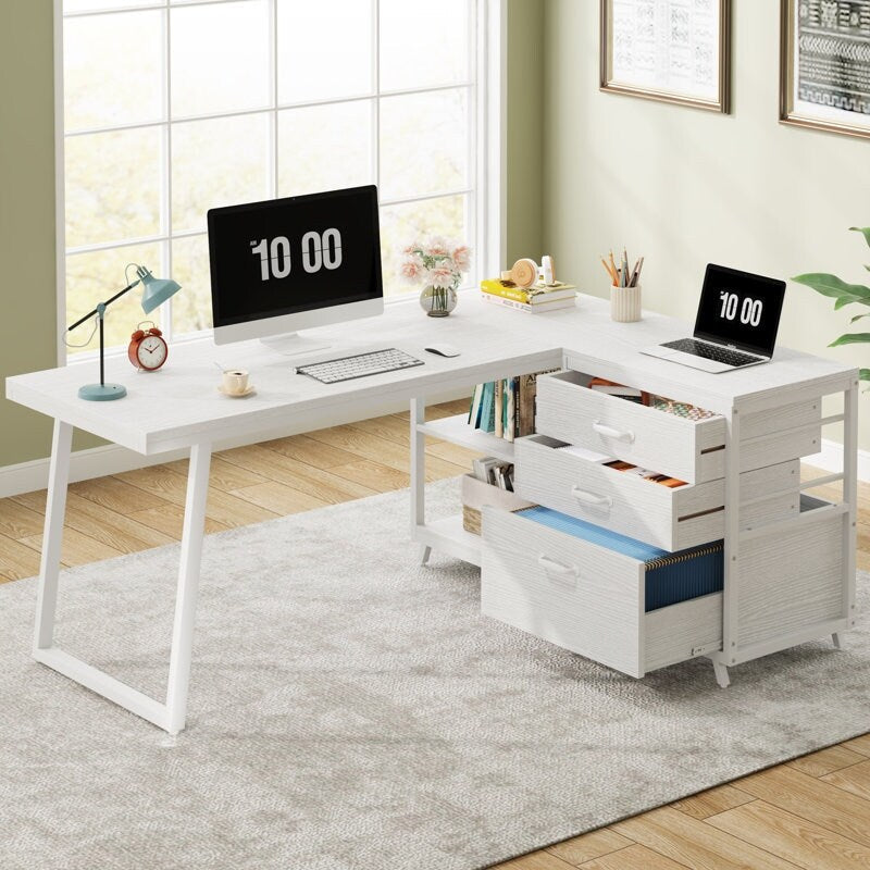 Bureau en forme de L réversible avec tiroirs à dossiers, bureau d'ordinateur d'angle