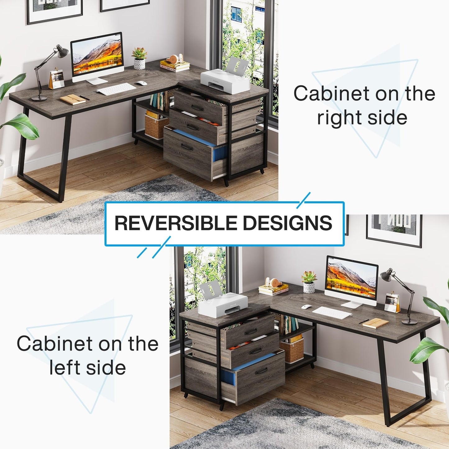 Bureau en forme de L réversible avec tiroirs à dossiers, bureau d'ordinateur d'angle