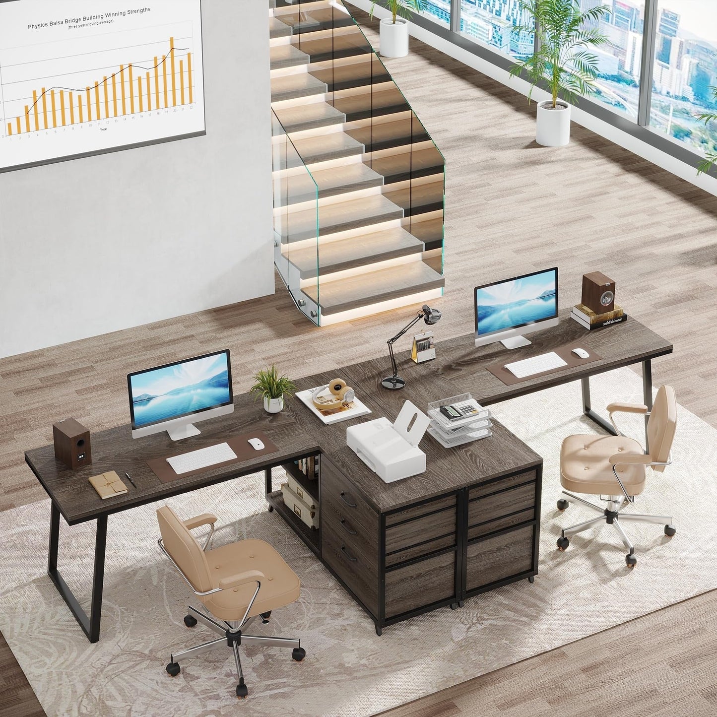 Bureau en forme de L réversible avec tiroirs à dossiers, bureau d'ordinateur d'angle
