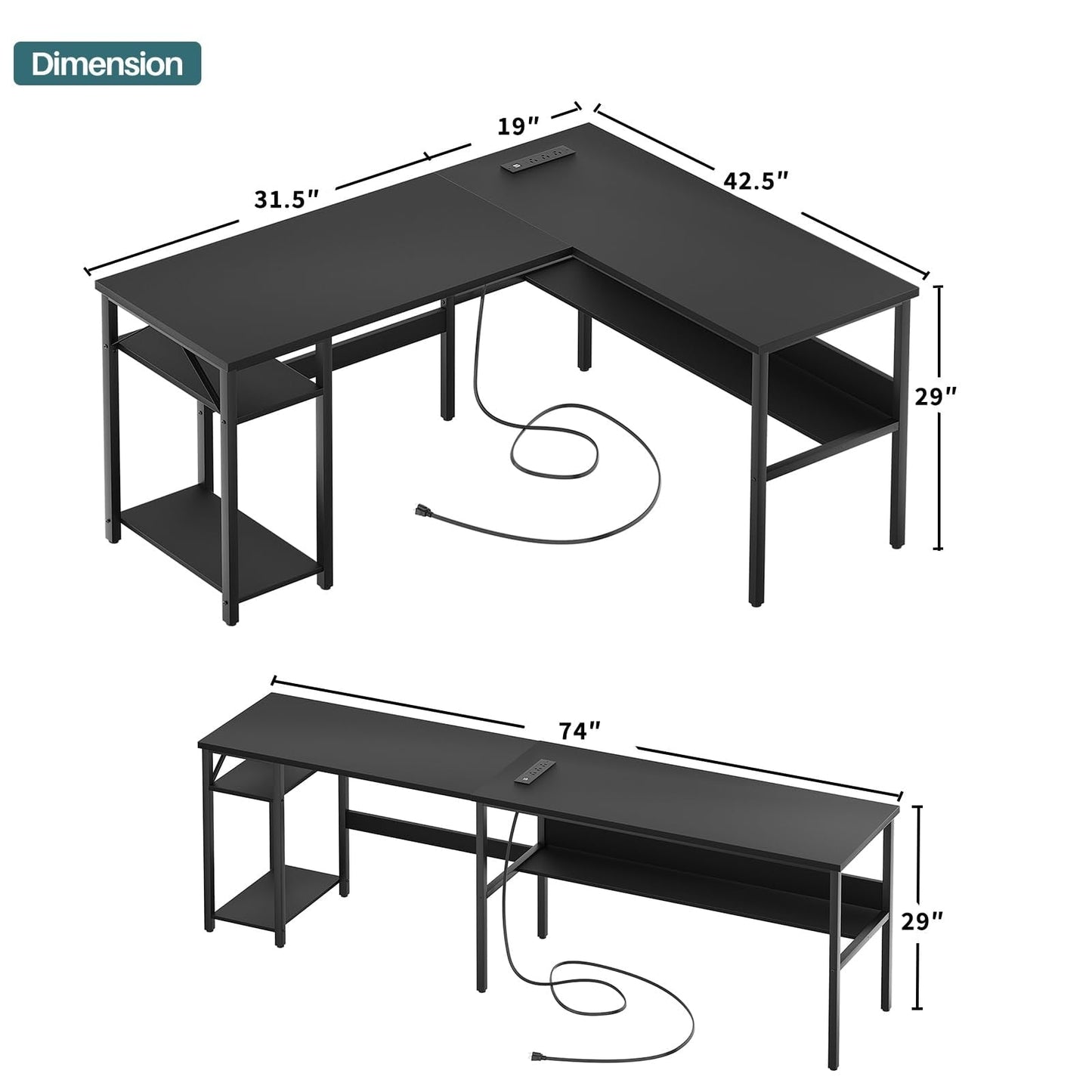 Bureau en forme de L réversible avec étagères de rangement, bureau d'angle pour le bureau à domicile avec station de recharge.