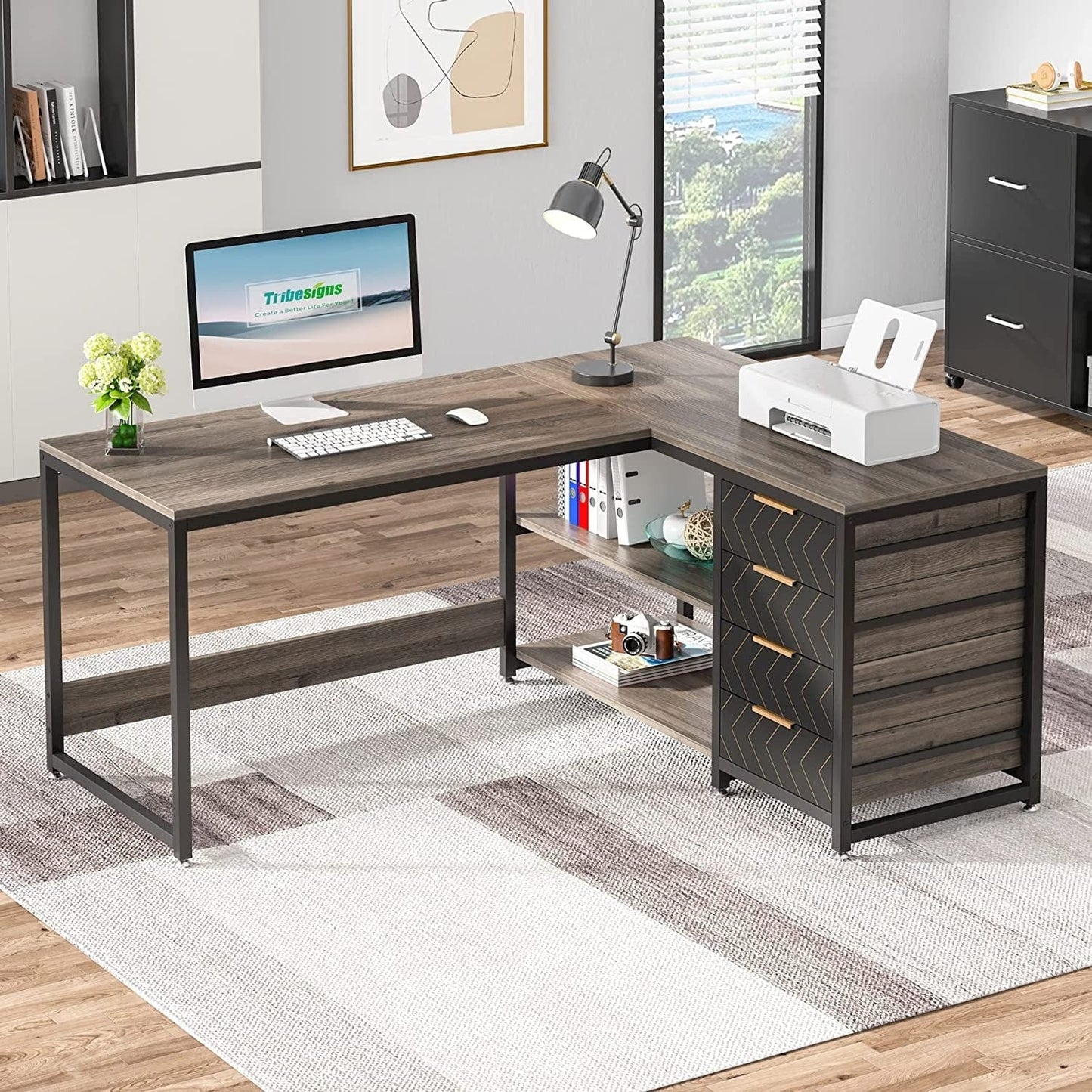 Bureau d'ordinateur en forme de L réversible, bureau de travail robuste, table d'écriture.