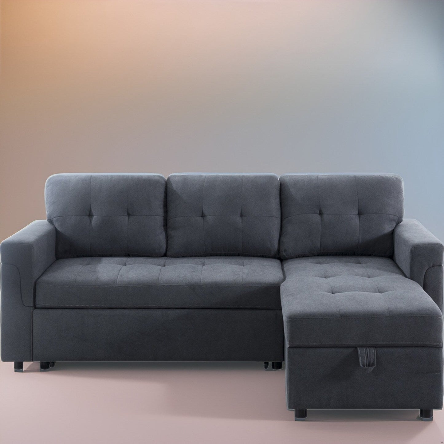 Canapé d'angle réversible avec lit escamotable, chaise longue avec rangement intégré, pieds robustes,