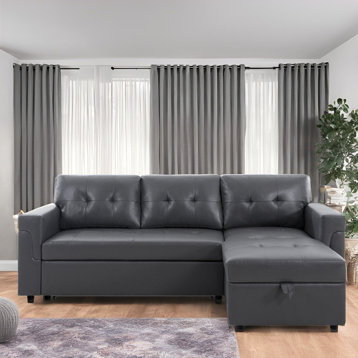 Canapé d'angle réversible avec lit escamotable, chaise longue avec rangement intégré, pieds robustes,