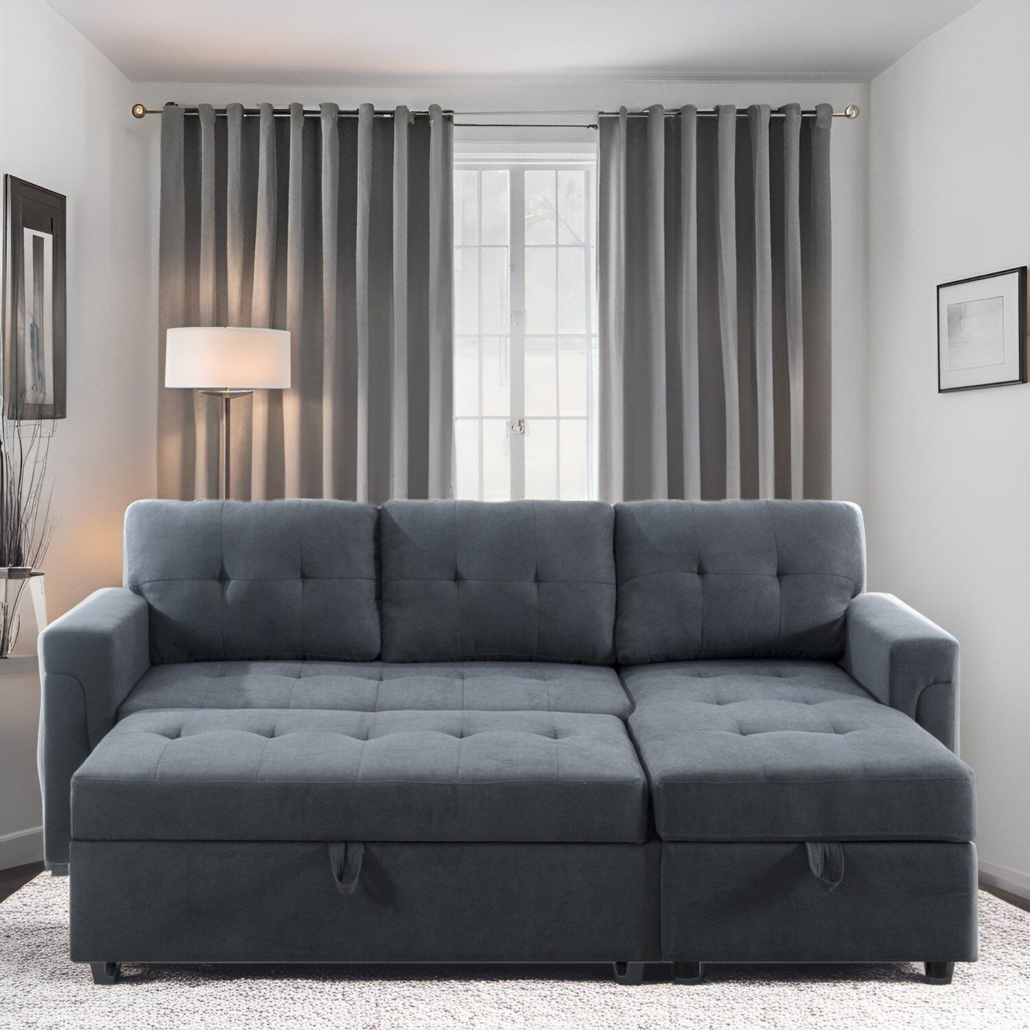 Canapé d'angle réversible avec lit escamotable, chaise longue avec rangement intégré, pieds robustes,
