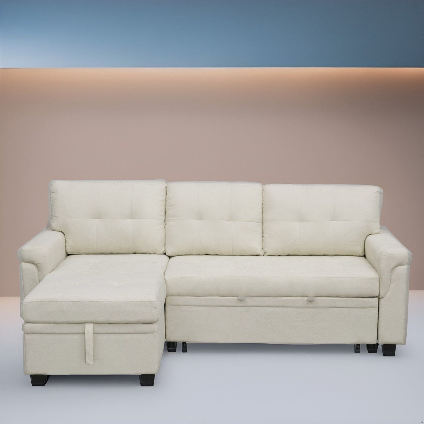 Canapé d'angle réversible avec lit escamotable, chaise longue avec rangement intégré, pieds robustes,