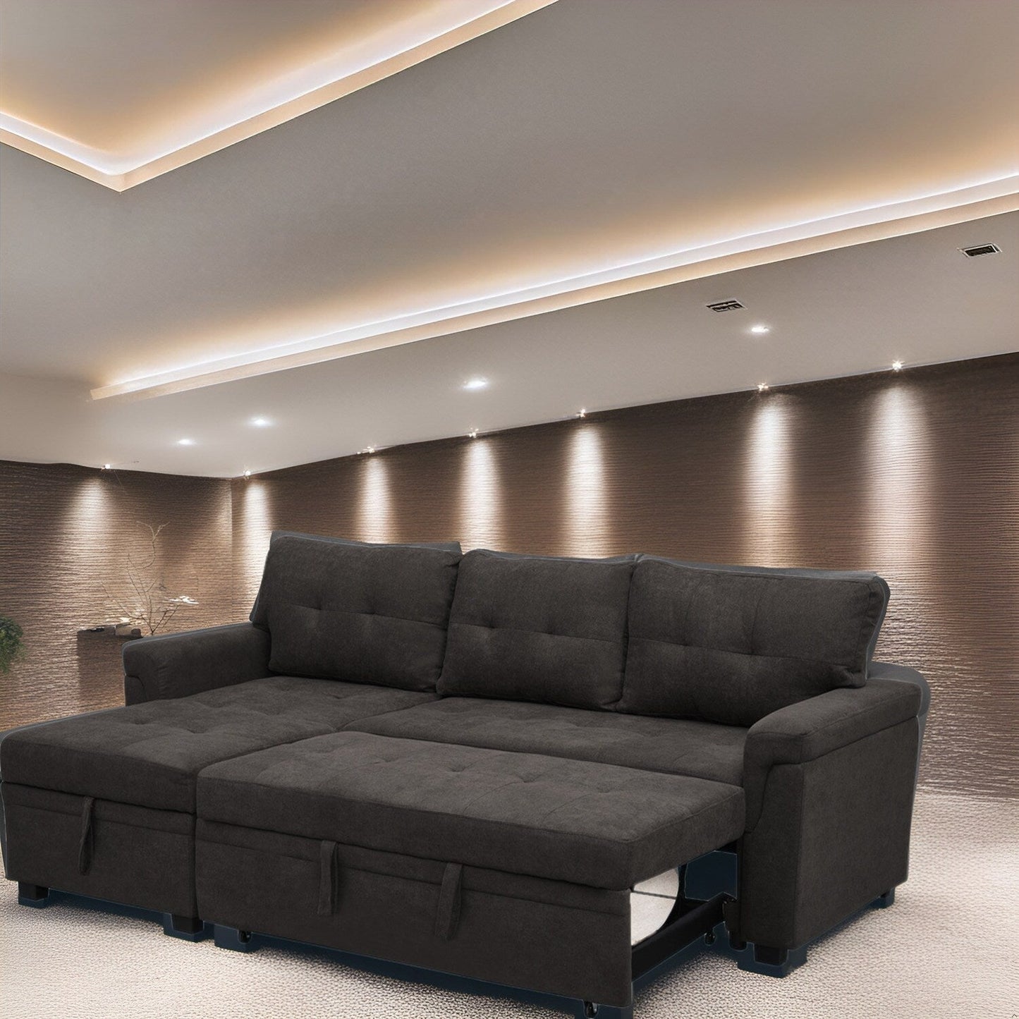 Canapé d'angle réversible avec lit escamotable, chaise longue avec rangement intégré, pieds robustes,