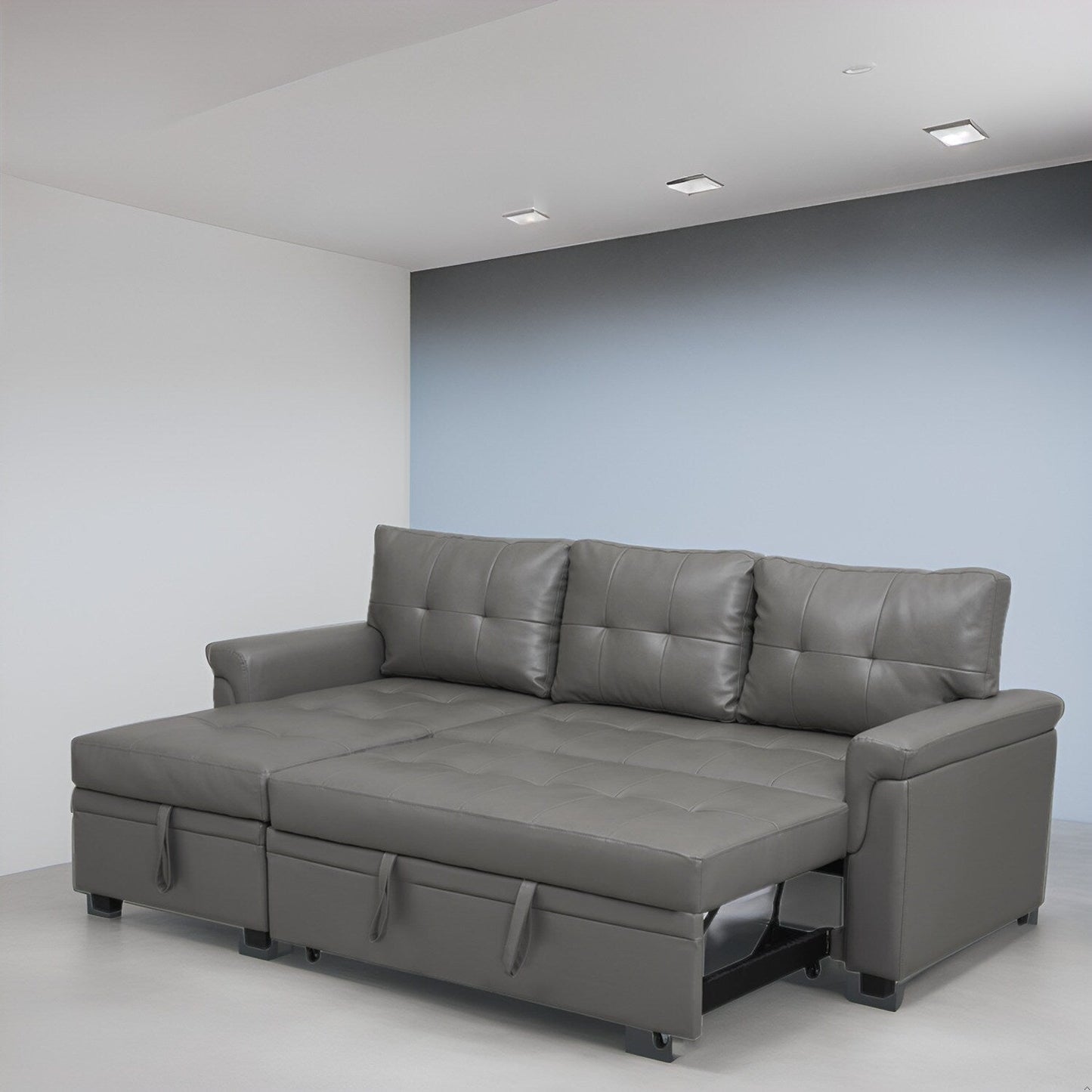 Canapé d'angle réversible avec lit escamotable, chaise longue avec rangement intégré, pieds robustes,