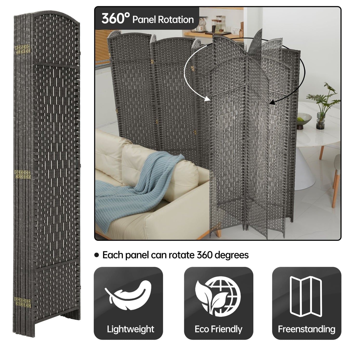 Paravent de séparation de pièce, hauteur 1,8 m, en fibre tressée, pliable, pour plus d'intimité.