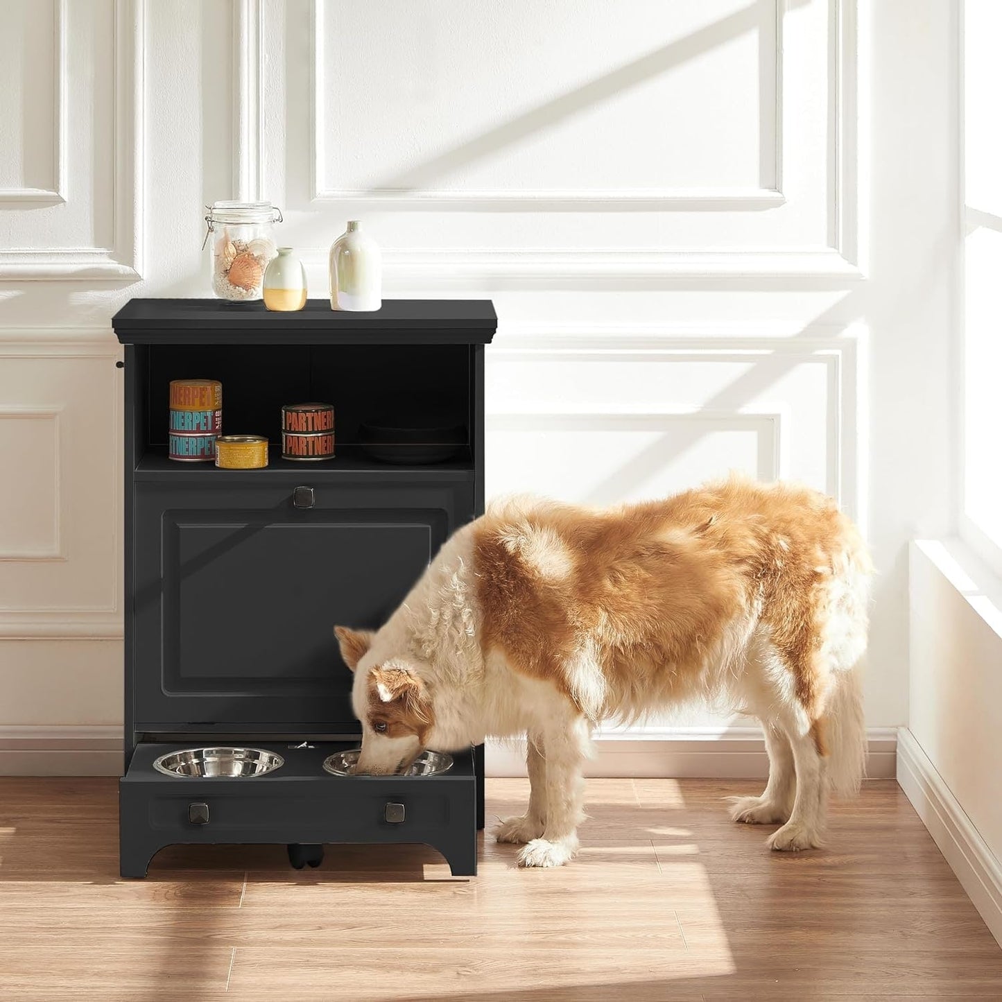 Station d'alimentation pour chien Roomfitters avec 2 gamelles surélevées, meuble de rangement basculant pour l'alimentation des animaux domestiques