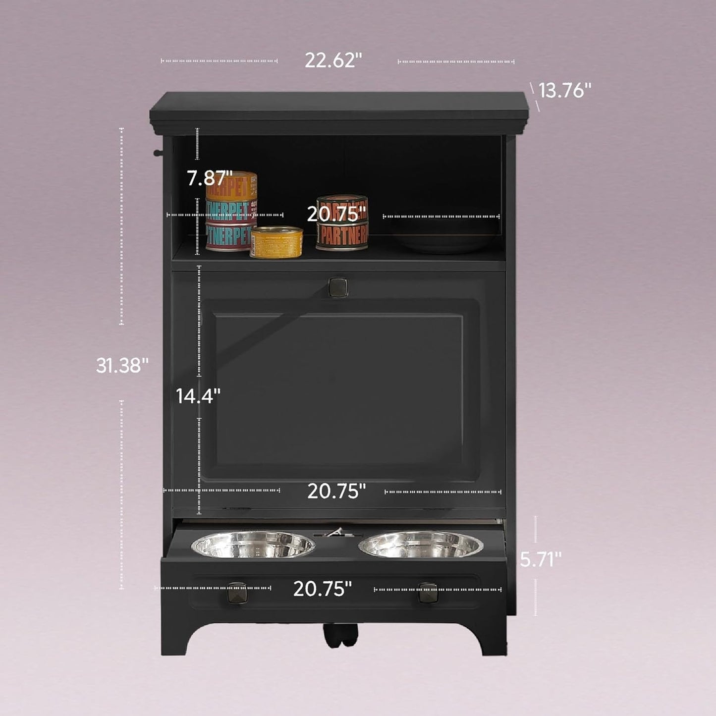 Station d'alimentation pour chien Roomfitters avec 2 gamelles surélevées, meuble de rangement basculant pour l'alimentation des animaux domestiques