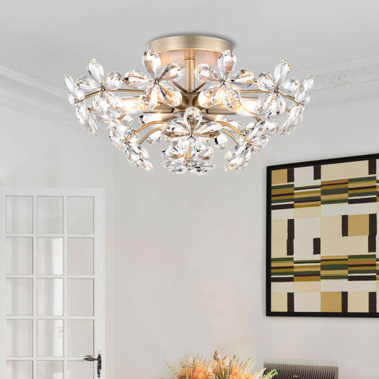 Rosa Plafonnier à 6 lumières avec cristaux en forme de fleur, couleur champagne argenté brossé - 45 cm de diamètre x 22 cm de hauteur