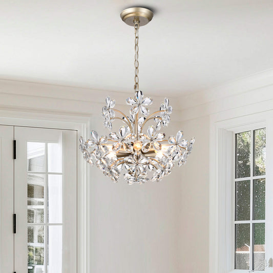Luminaire Rosa à 6 lumières, en cristal de champagne argenté brossé, en forme de fleur.