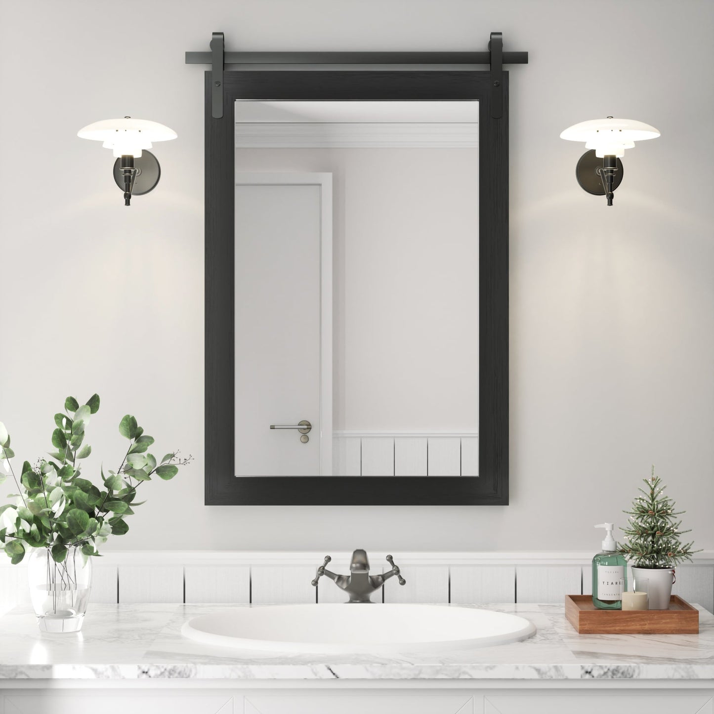 Miroir mural style rustique, miroir de salle de bain style farmhouse, miroir de vanité avec cadre en bois (1 pièce)