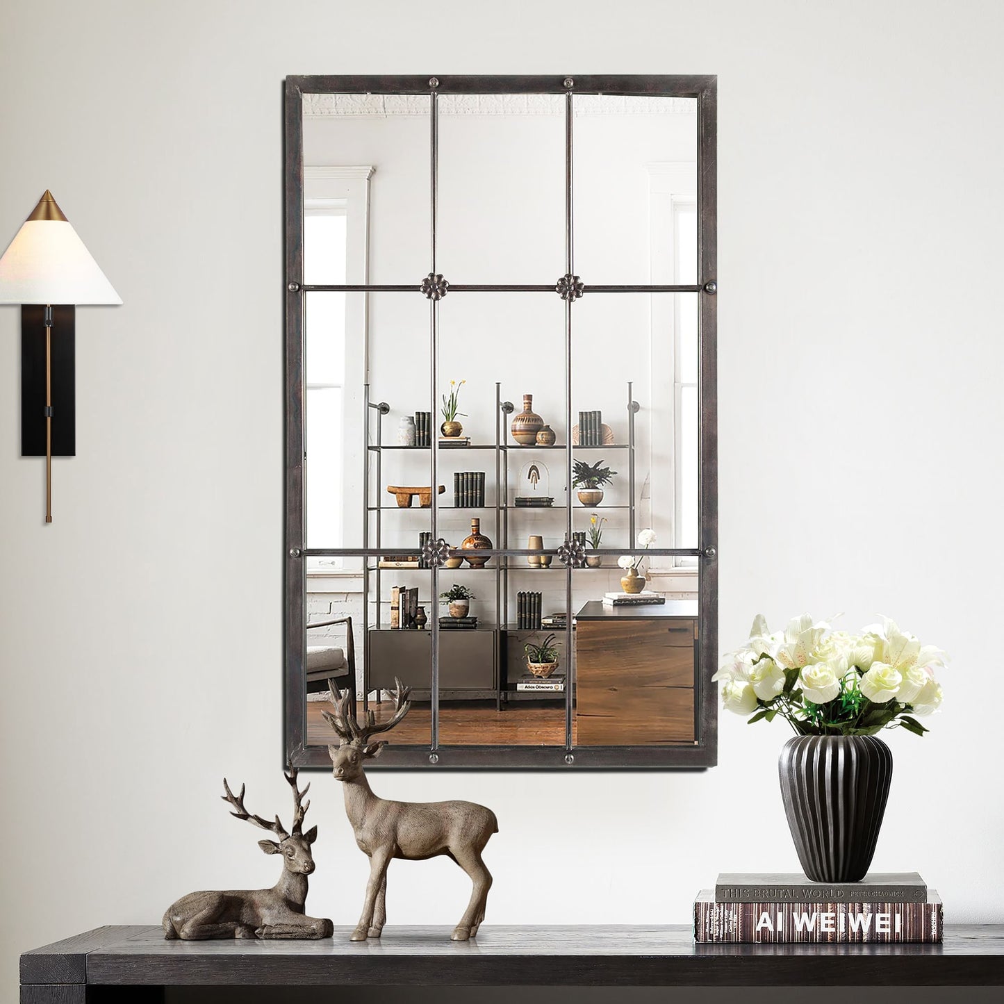 Miroir mural décoratif à cadre métallique brun rustique imitant un vitrail - 95,9 cm (H) x 60,5 cm (L) x 2,5 cm (P)