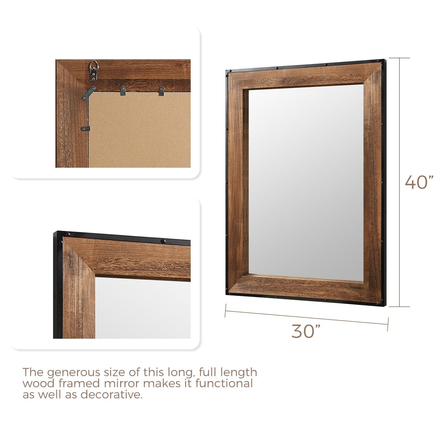 Grand miroir de salle de bain mural avec cadre en bois et fer naturel de style rustique
