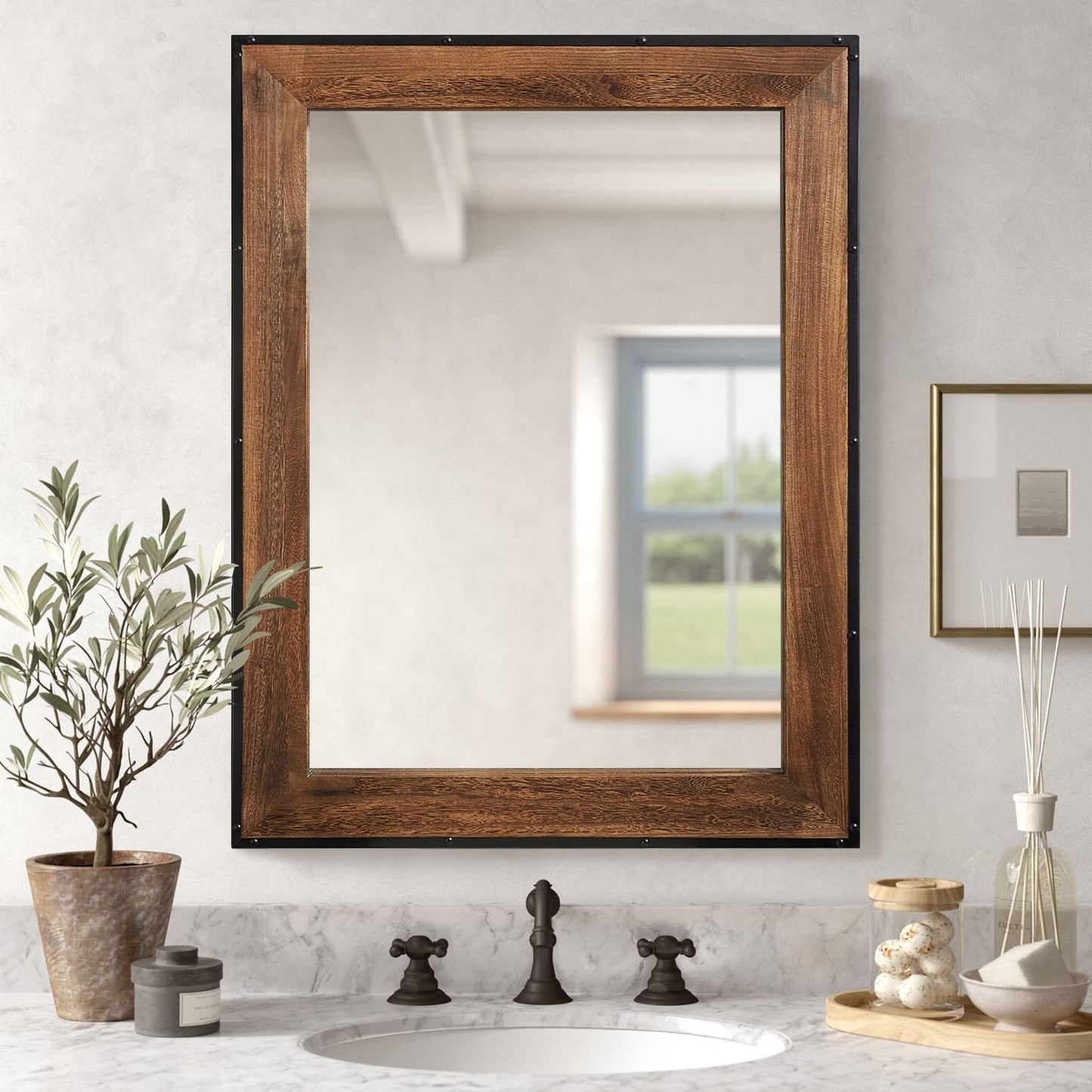 Grand miroir de salle de bain mural avec cadre en bois et fer naturel de style rustique