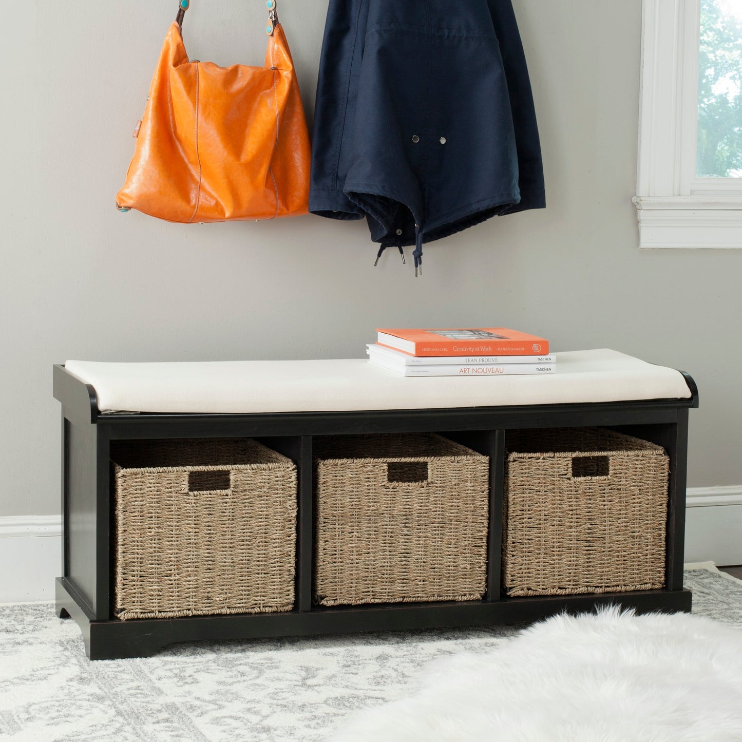Banc de rangement SAFAVIEH Eola gris/blanc - 119 x 41 x 50 cm - 119L x 41P x 50H