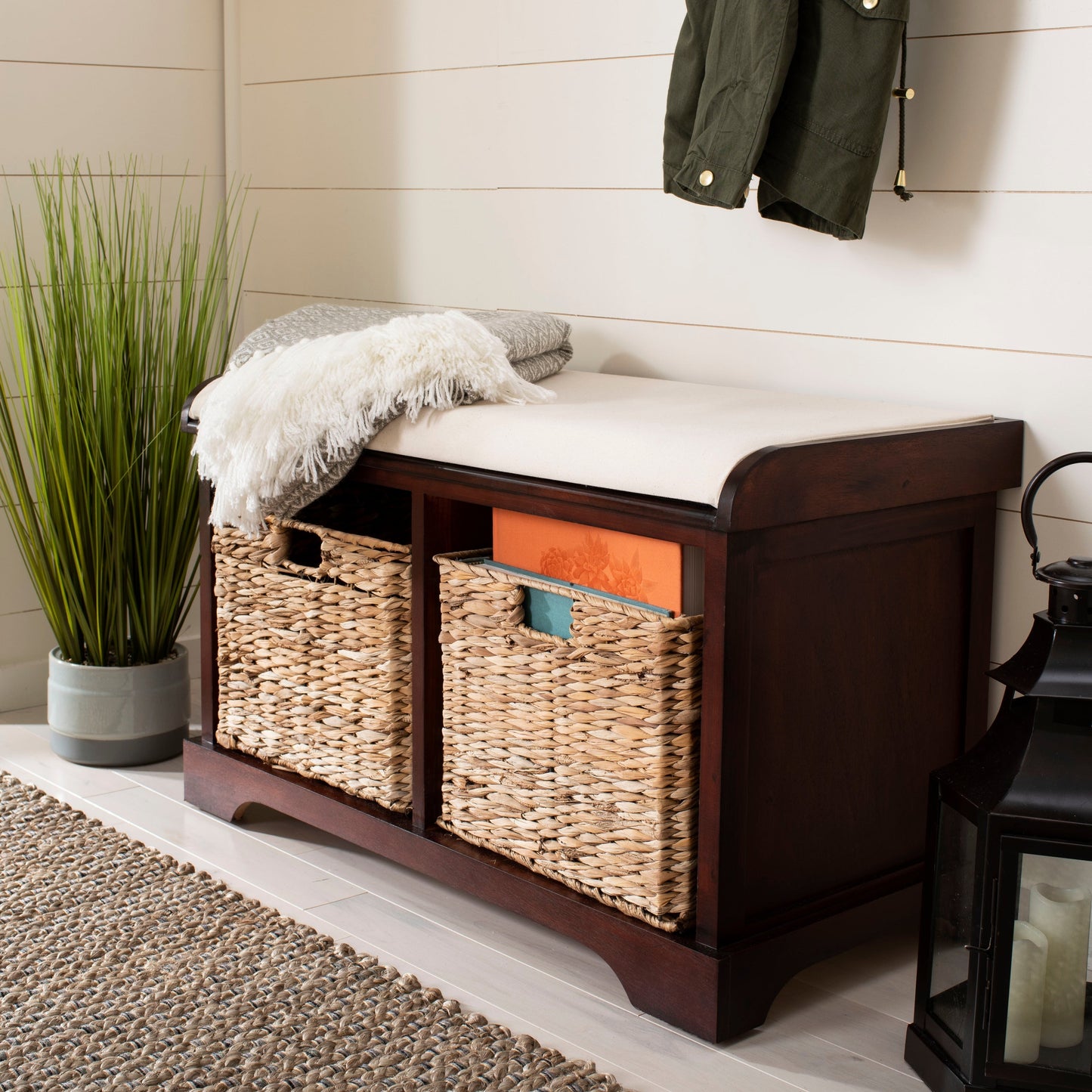 Banc-pouf SAFAVIEH Euphemia en osier tressé, couleur marron - 33,5 x 16,1 x 19,9 - 34Lx16Px20H