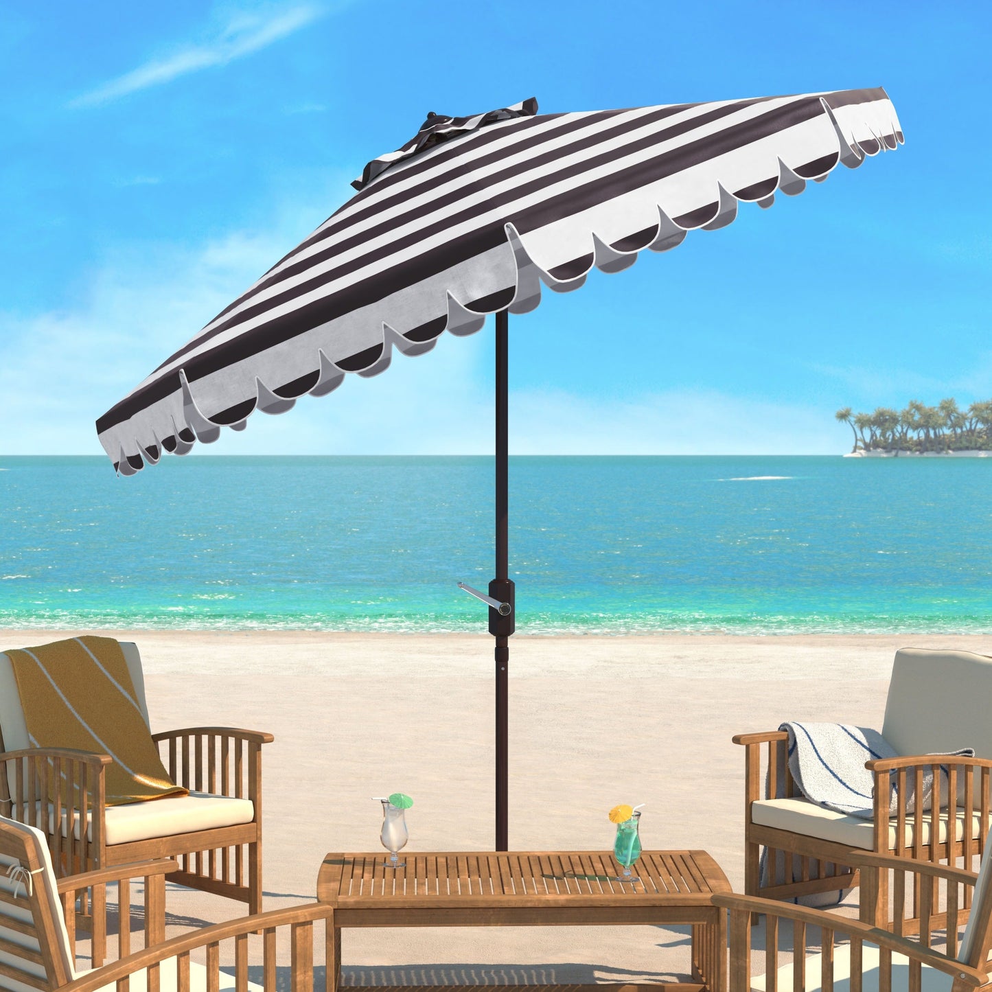 Parasol à manivelle à rayures et volutes simples Nargiz de SAFAVIEH, 9 pieds
