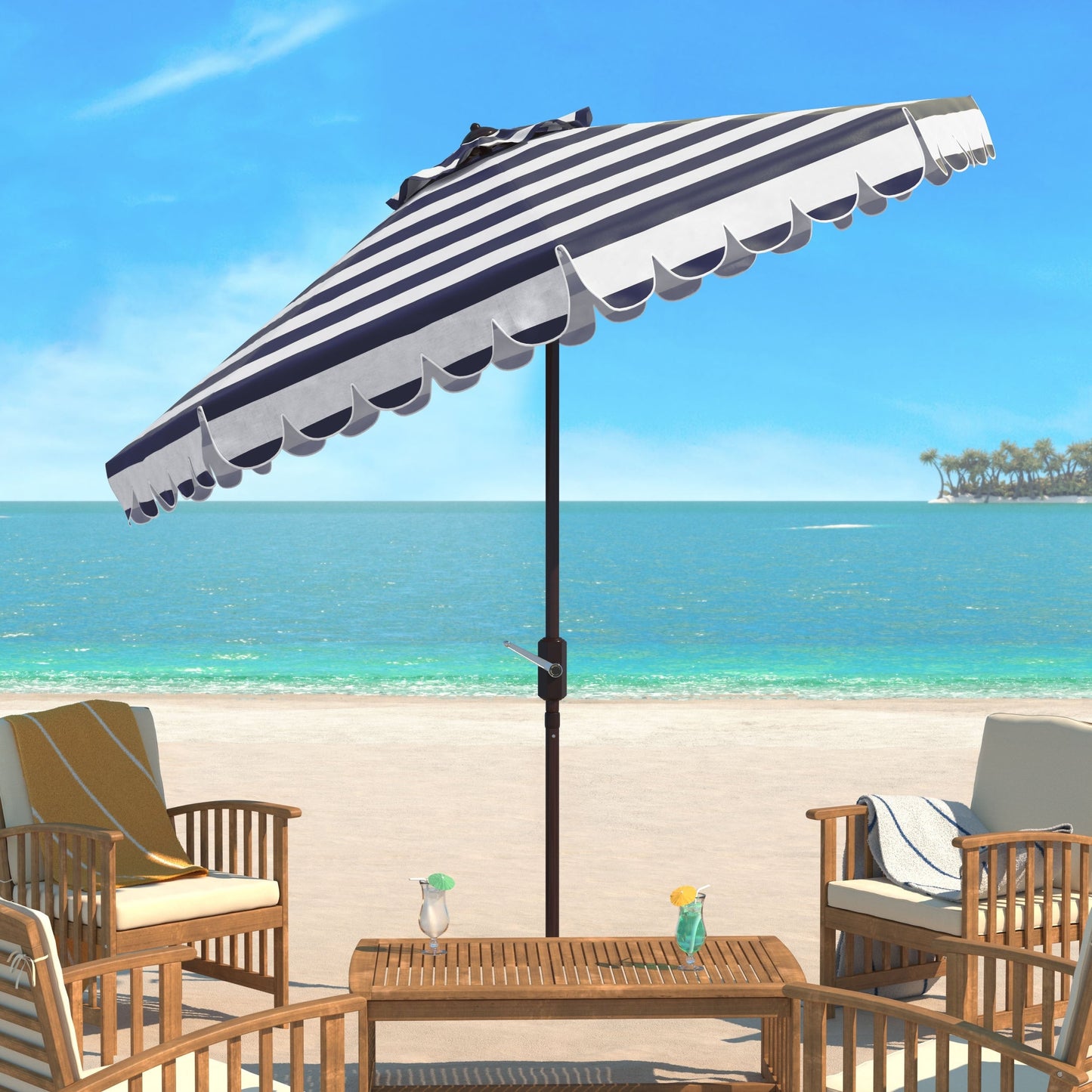 Parasol à manivelle à rayures et volutes simples Nargiz de SAFAVIEH, 9 pieds