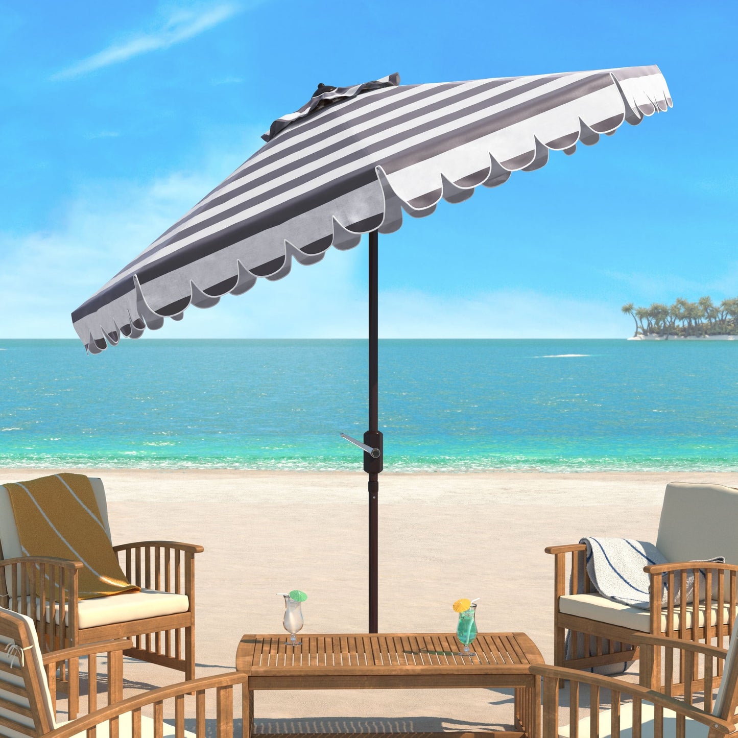 Parasol à manivelle à rayures et volutes simples Nargiz de SAFAVIEH, 9 pieds