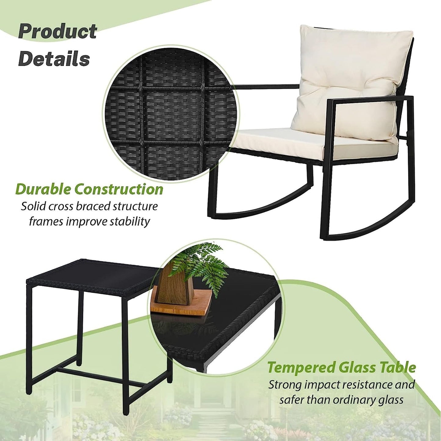 Ensemble de bistro à balançoire de patio extérieur SUNCROWN en métal noir, 3 pièces