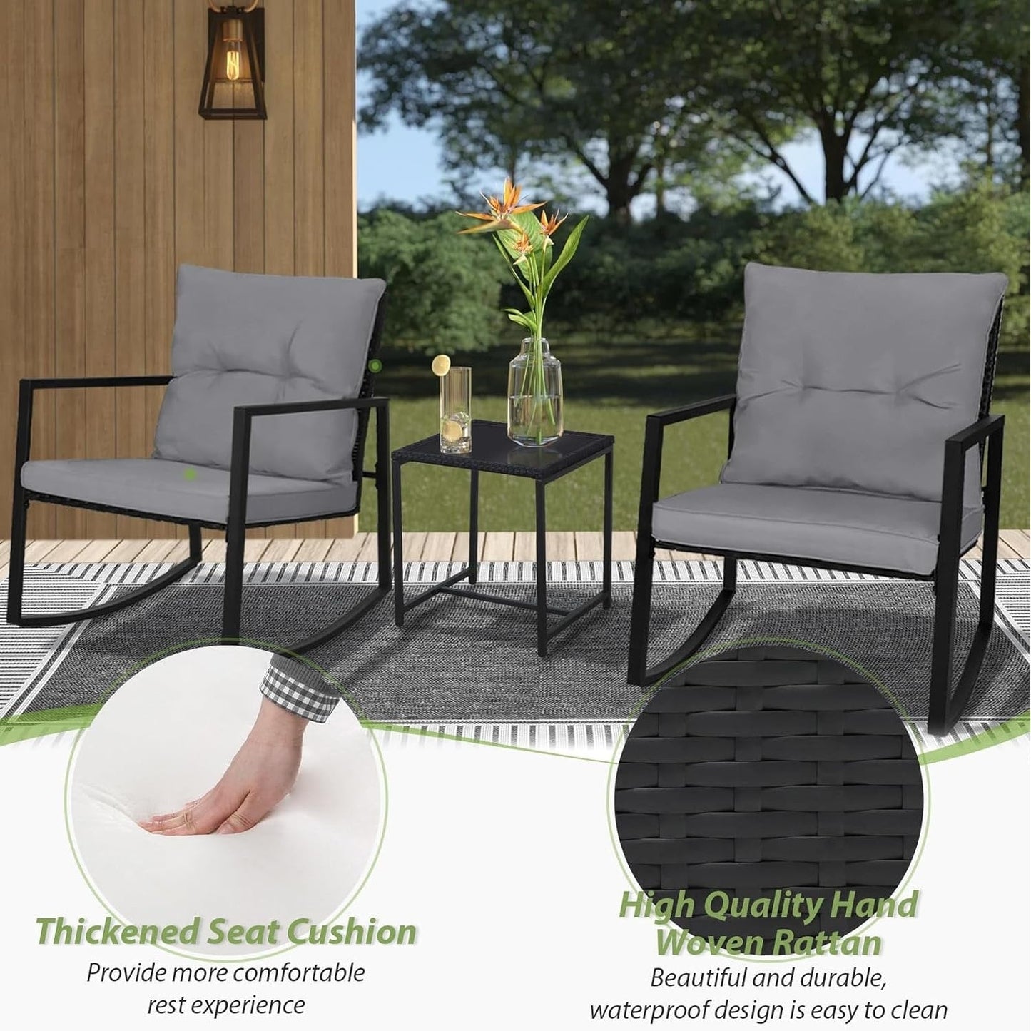 Ensemble de bistro à balançoire de patio extérieur SUNCROWN en métal noir, 3 pièces