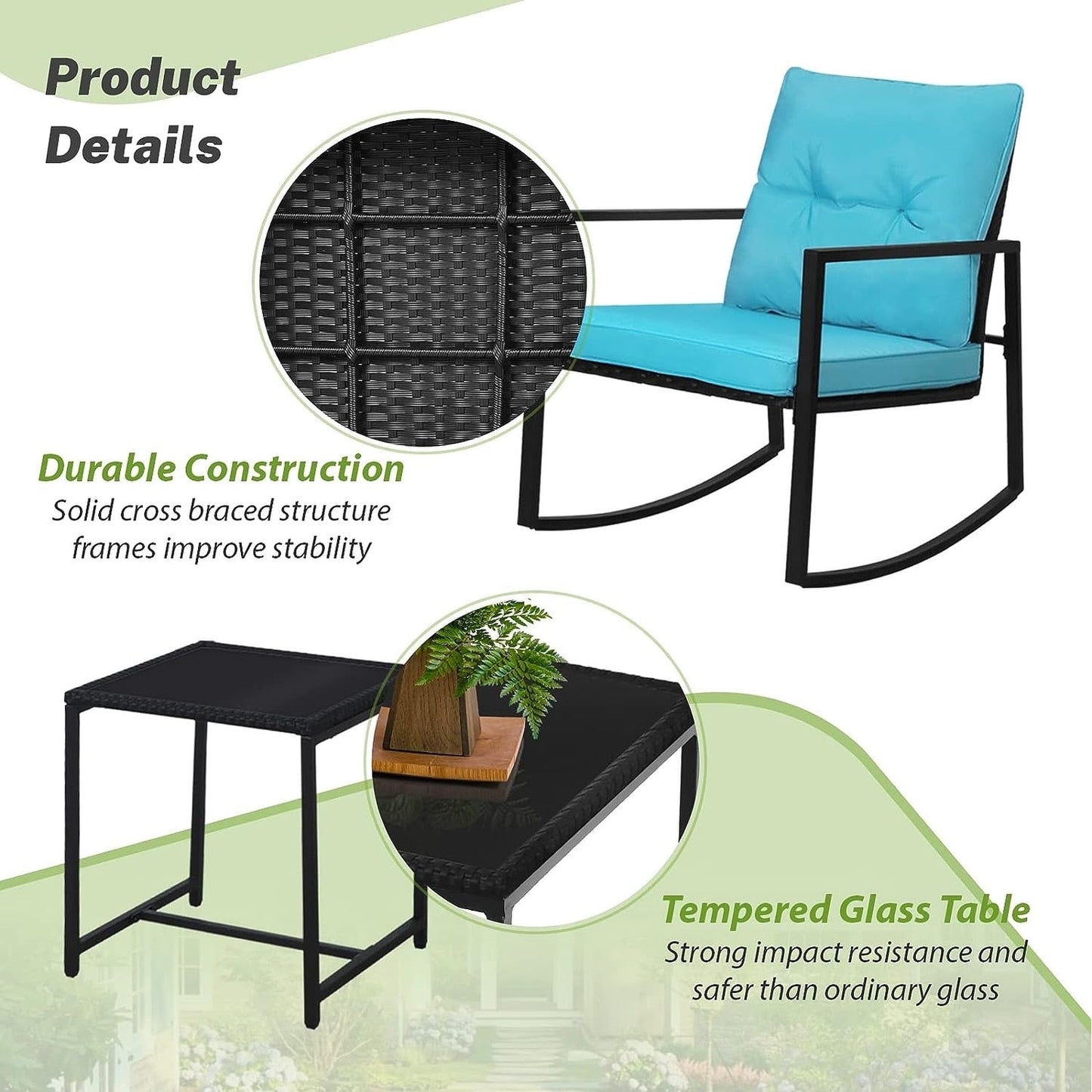 Ensemble de bistro à balançoire de patio extérieur SUNCROWN en métal noir, 3 pièces