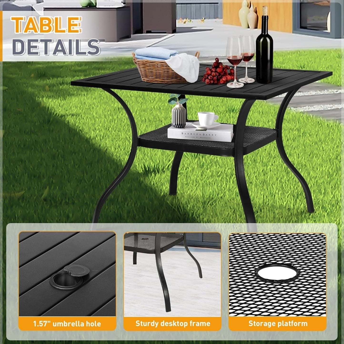 SUNCROWN Ensemble de repas d'extérieur pour patio, 5/7 pièces, en acier, avec table à lattes métalliques et chaises empilables, cadre à revêtement en poudre.