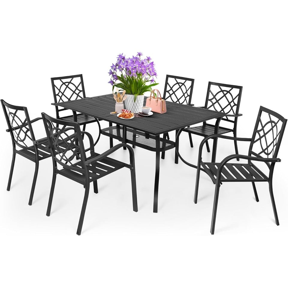 SUNCROWN Ensemble de repas d'extérieur pour patio, 5/7 pièces, en acier, avec table à lattes métalliques et chaises empilables, cadre à revêtement en poudre.
