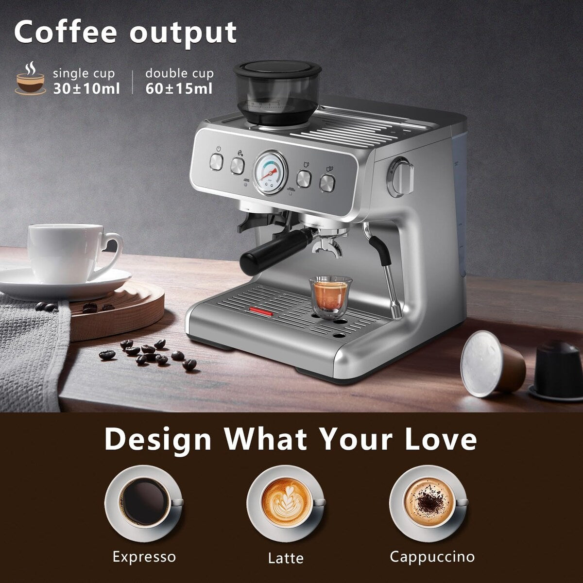Machine à café semi-automatique avec contrôle intelligent de la température et fonction eau chaude, 30 réglages de mouture.