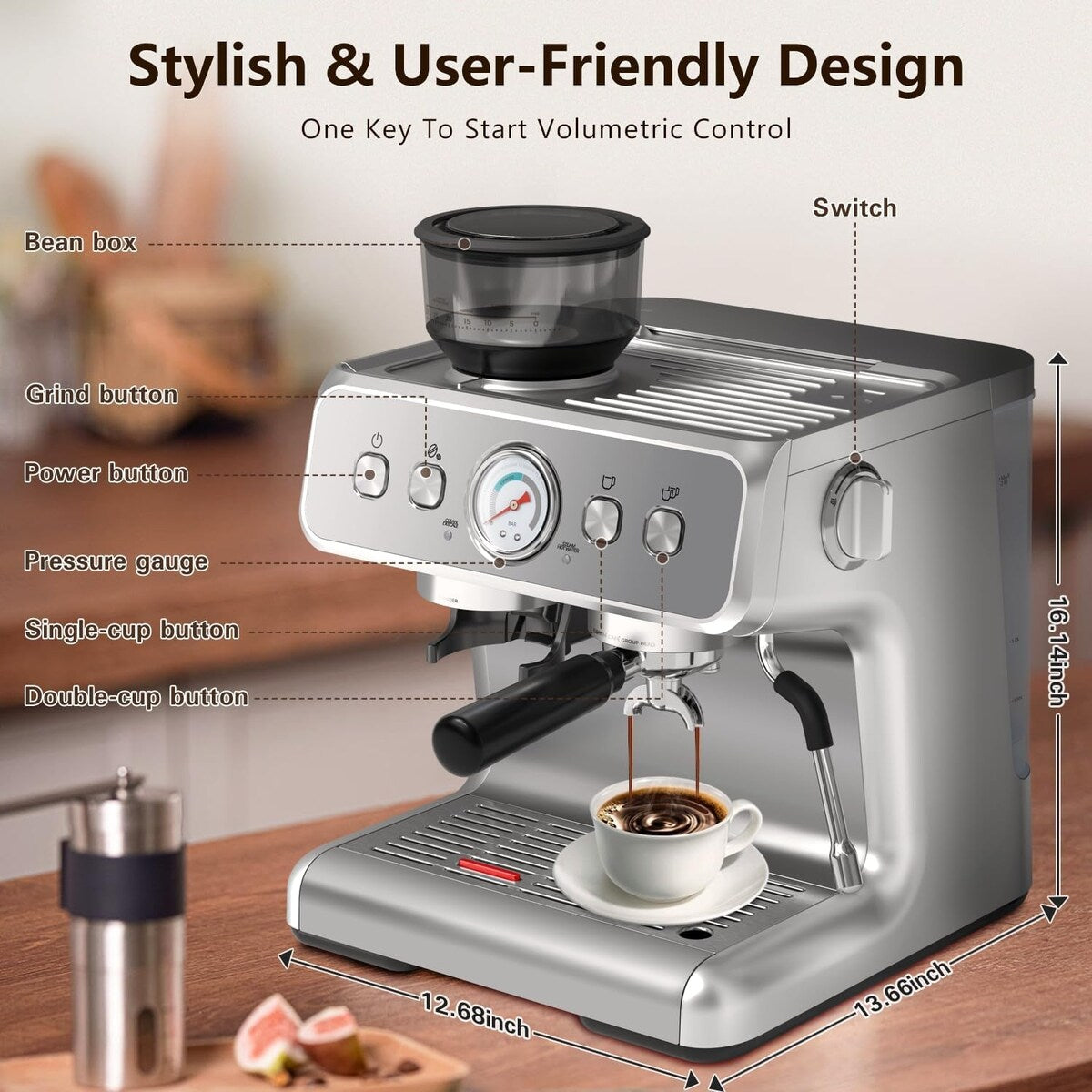 Machine à café semi-automatique avec contrôle intelligent de la température et fonction eau chaude, 30 réglages de mouture.
