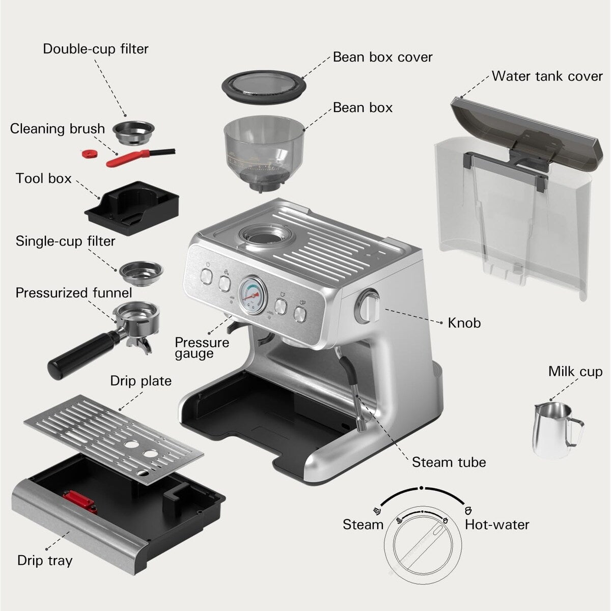 Machine à café semi-automatique avec contrôle intelligent de la température et fonction eau chaude, 30 réglages de mouture.