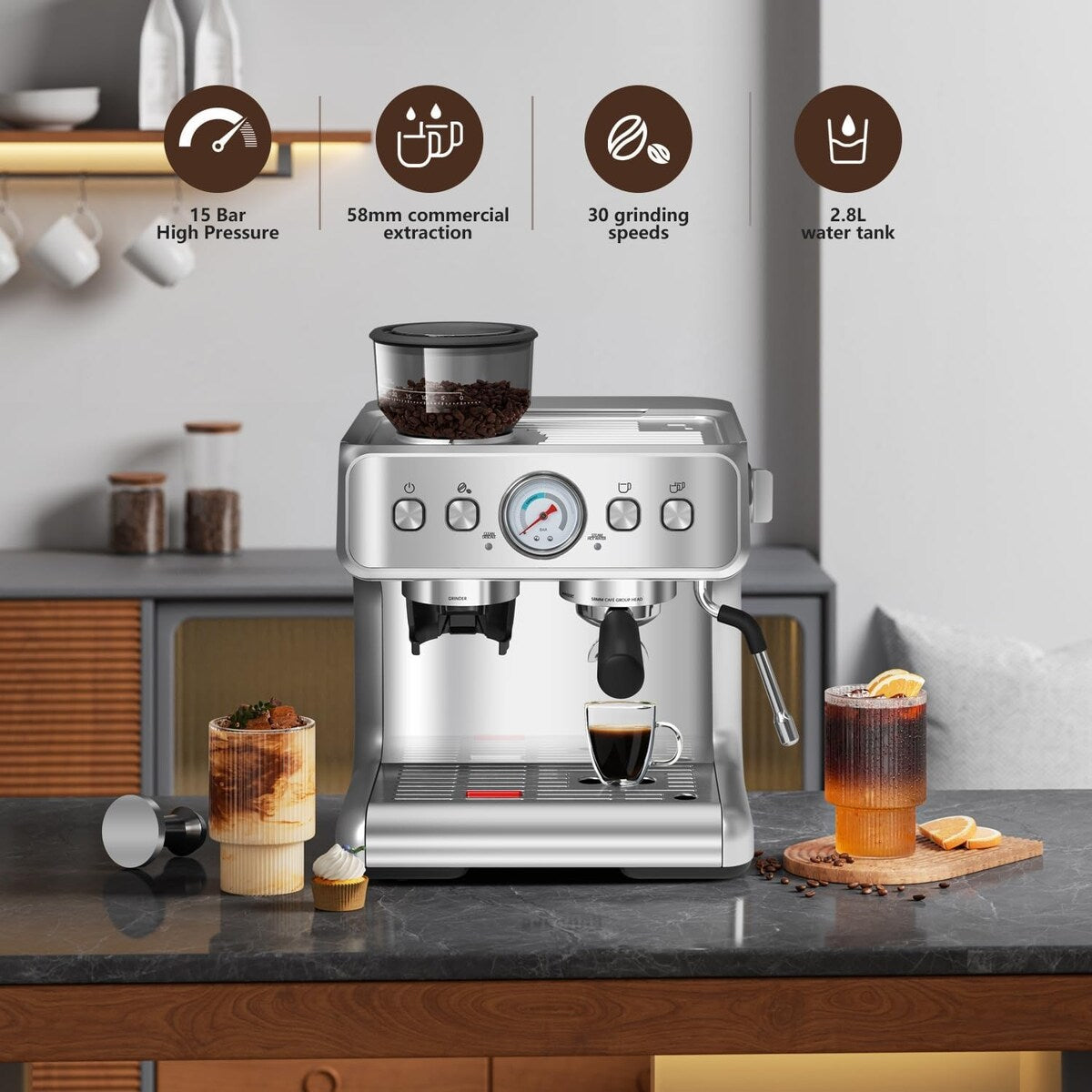 Machine à café semi-automatique avec contrôle intelligent de la température et fonction eau chaude, 30 réglages de mouture.
