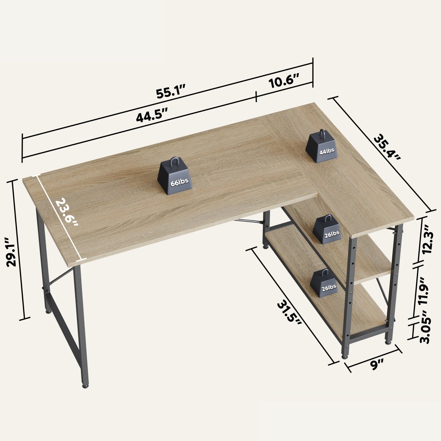 Bureau en forme de L avec étagères de rangement, bureau d'ordinateur d'angle.
