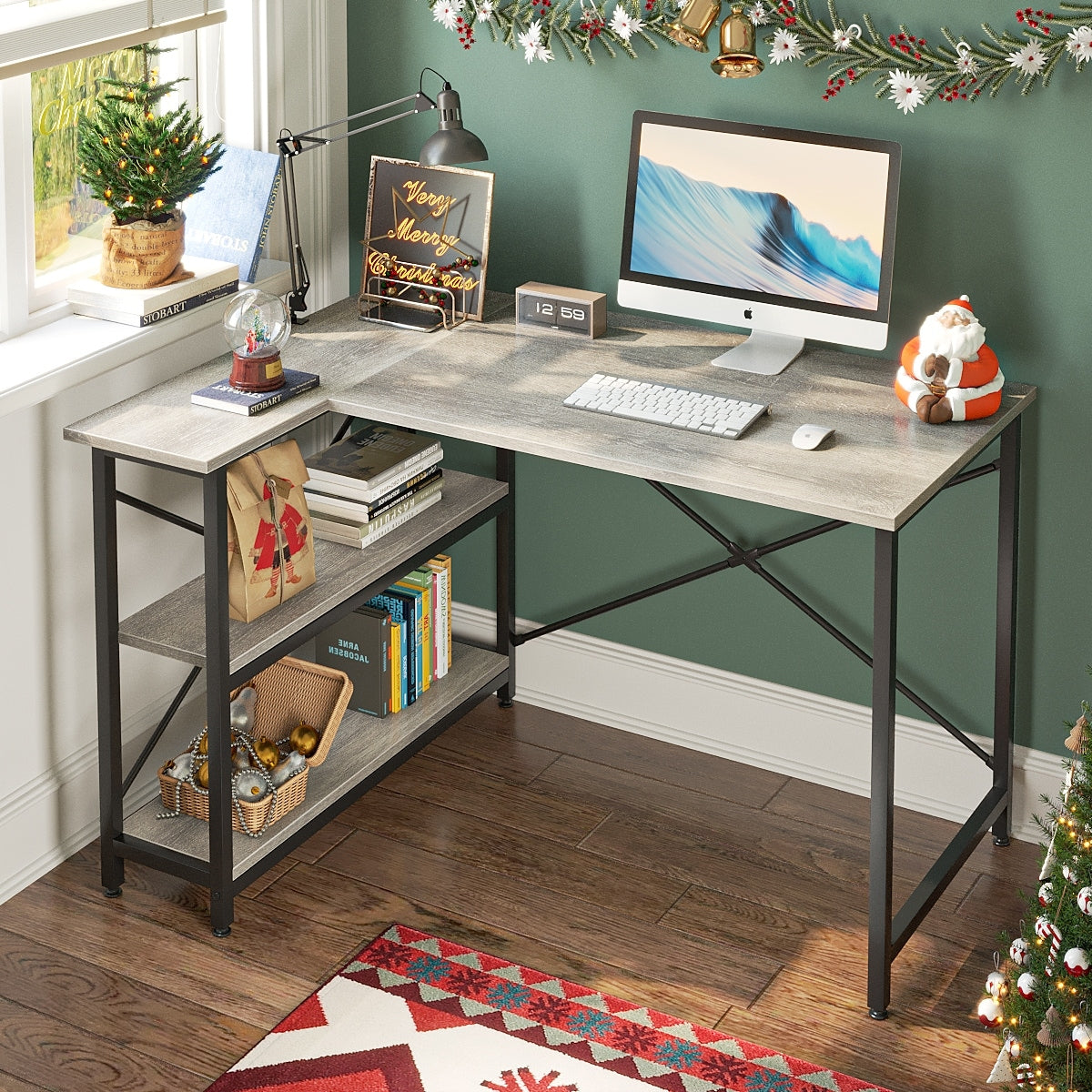 Bureau en forme de L avec étagères de rangement, bureau d'ordinateur d'angle.