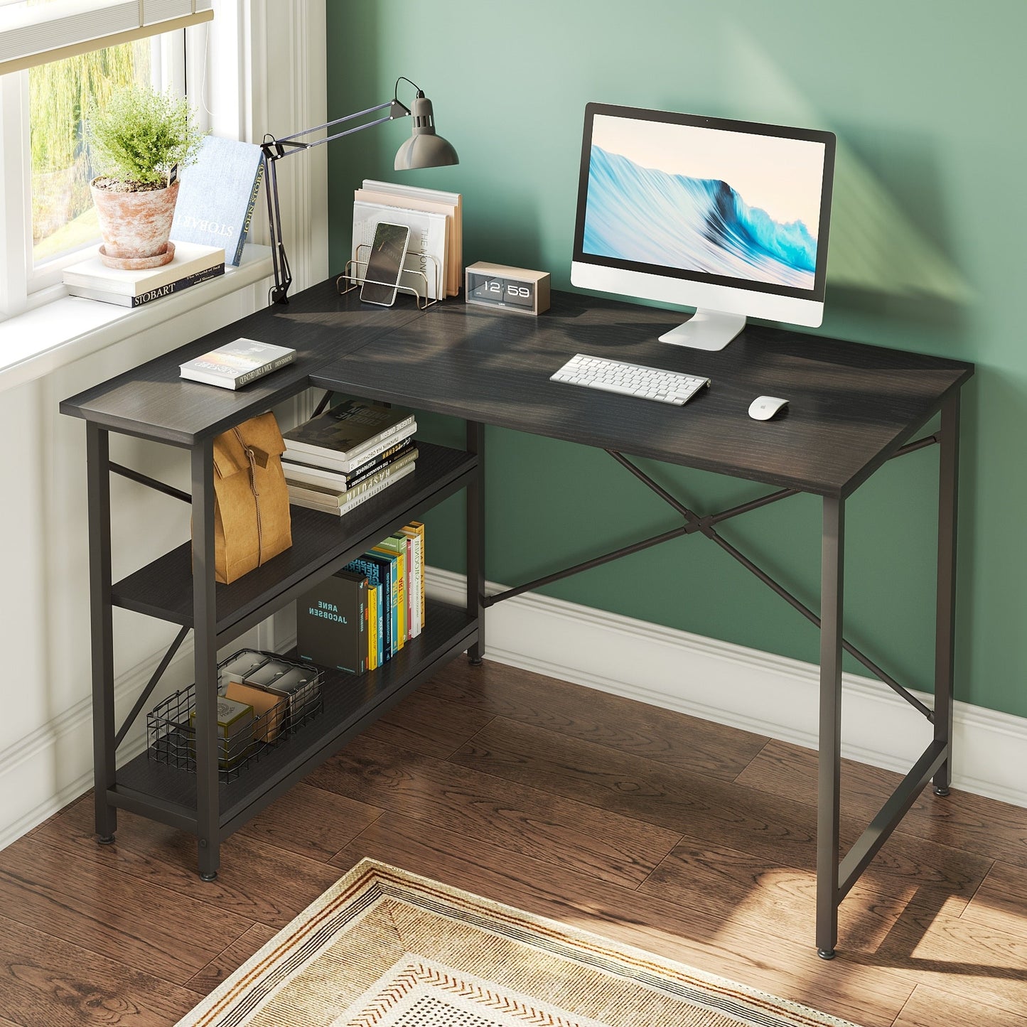 Bureau en forme de L avec étagères de rangement, bureau d'ordinateur d'angle.