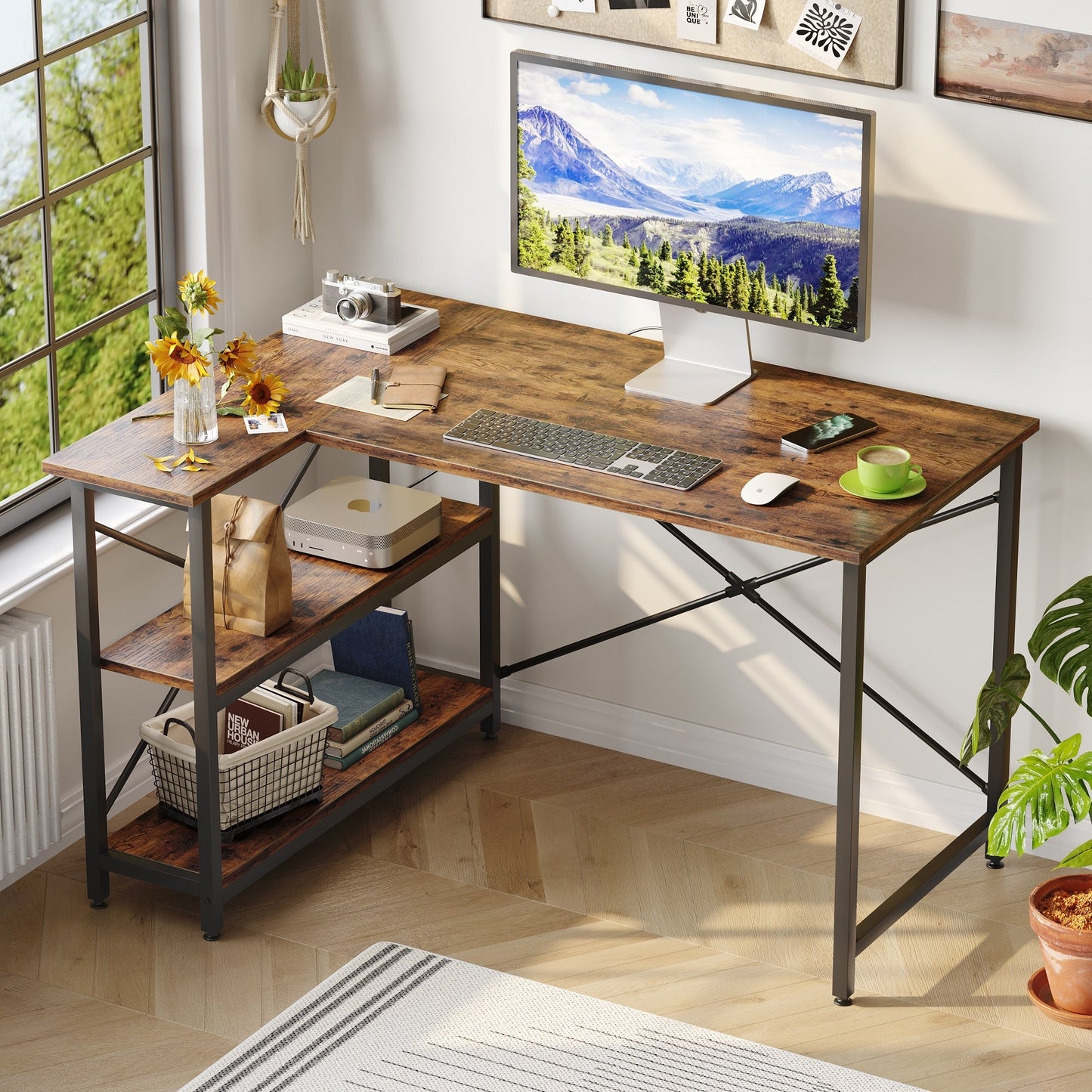 Bureau en forme de L avec étagères de rangement, bureau d'ordinateur d'angle.