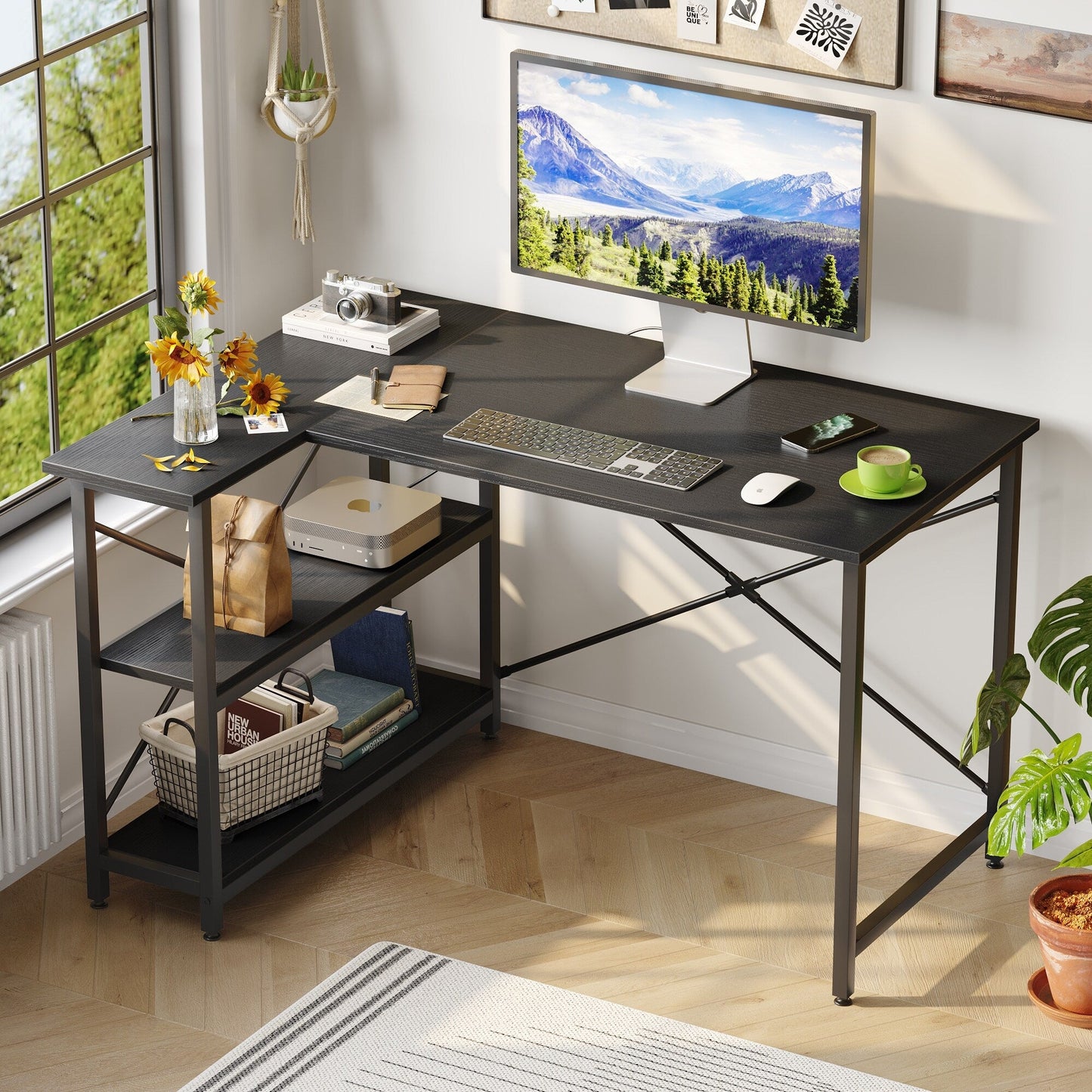 Bureau en forme de L avec étagères de rangement, bureau d'ordinateur d'angle.