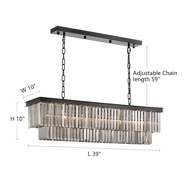 Luminaire suspendu à 2 niveaux pour îlot de cuisine, style moderne et contemporain, avec cristaux, gris fumé et noir, 47 po. Idéal pour salle à manger.