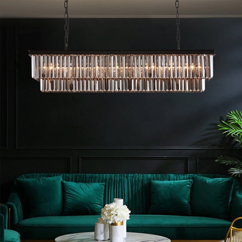 Luminaire suspendu à 2 niveaux pour îlot de cuisine, style moderne et contemporain, avec cristaux, gris fumé et noir, 47 po. Idéal pour salle à manger.