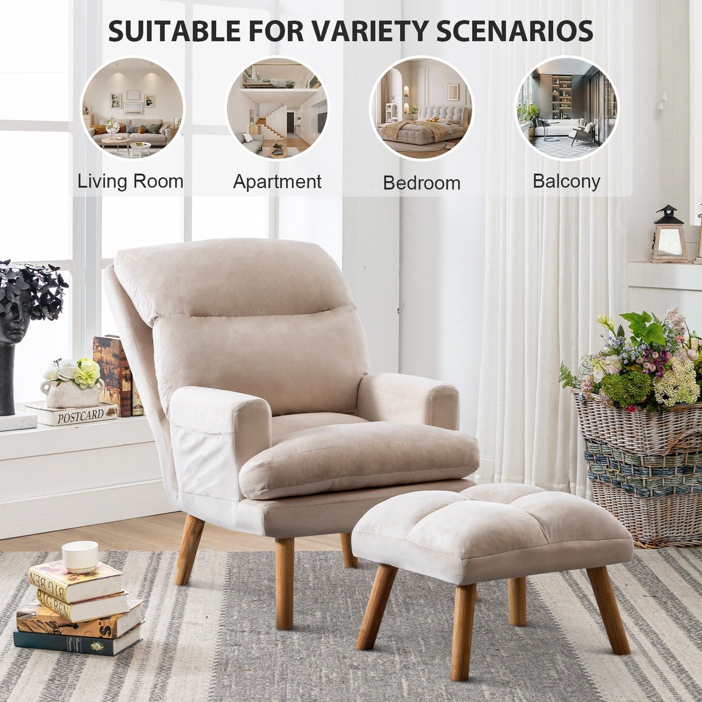 Fauteuil de salon confortable en tissu avec dossier et repose-pieds réglables.