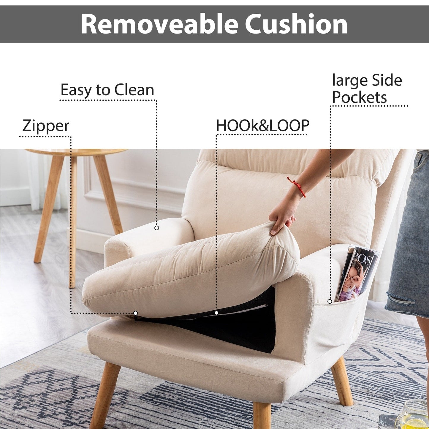 Fauteuil de salon confortable en tissu avec dossier et repose-pieds réglables.