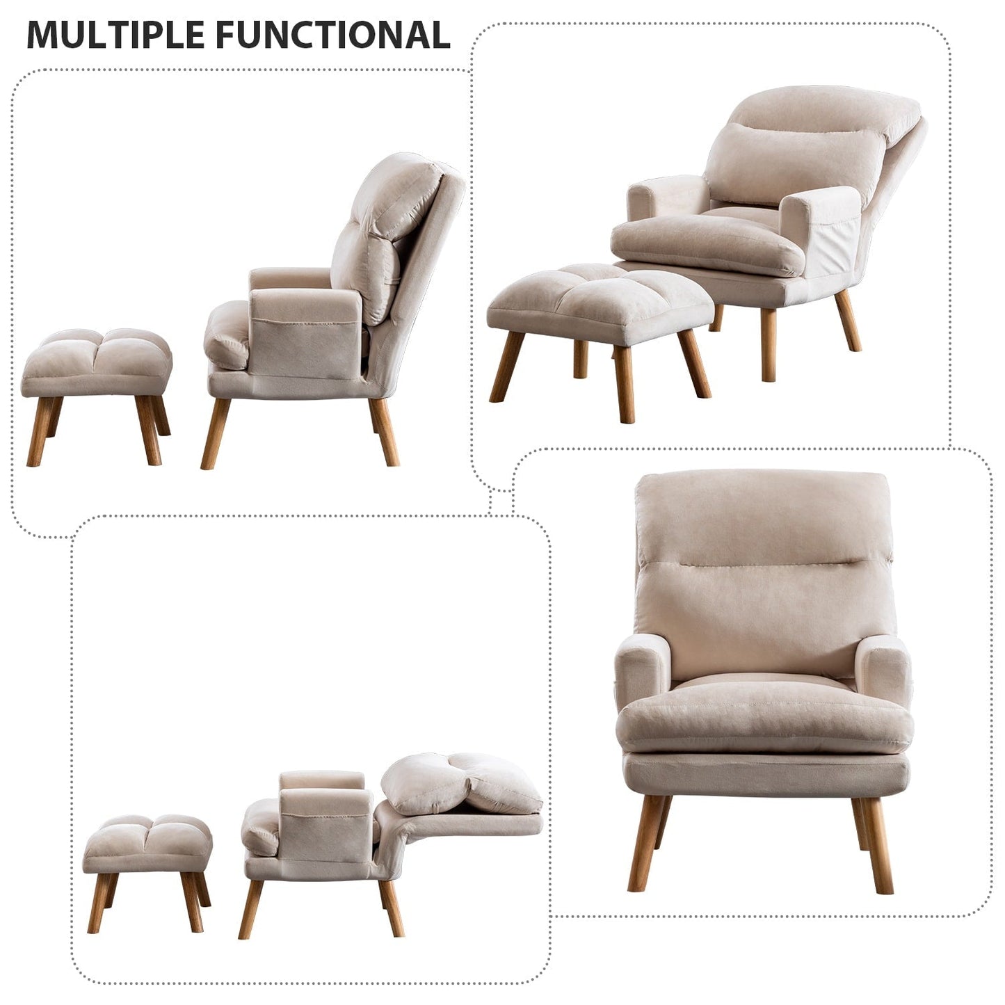 Fauteuil de salon confortable en tissu avec dossier et repose-pieds réglables.