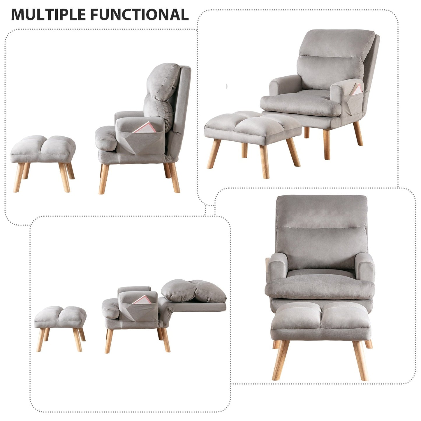 Fauteuil de salon confortable en tissu avec dossier et repose-pieds réglables.