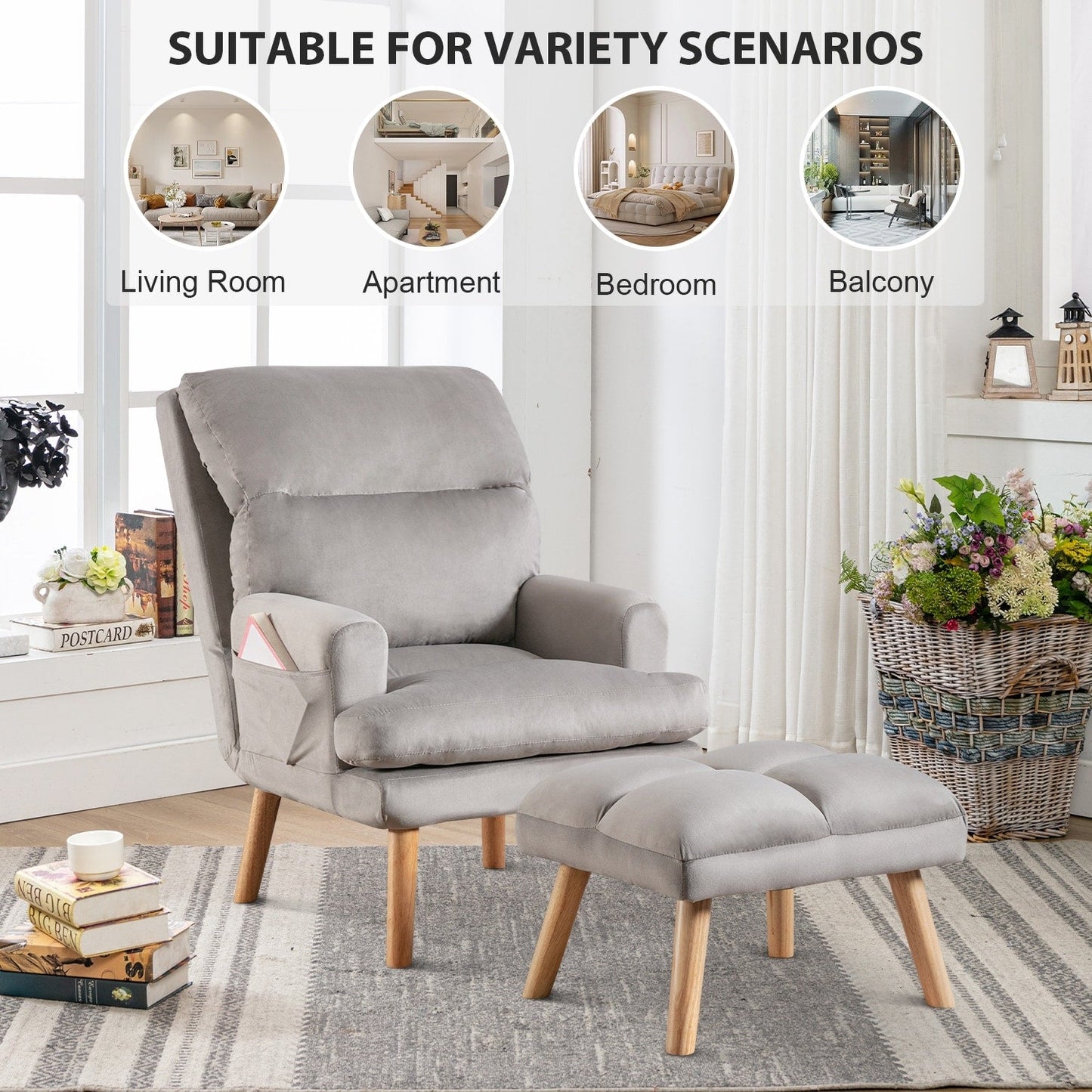 Fauteuil de salon confortable en tissu avec dossier et repose-pieds réglables.