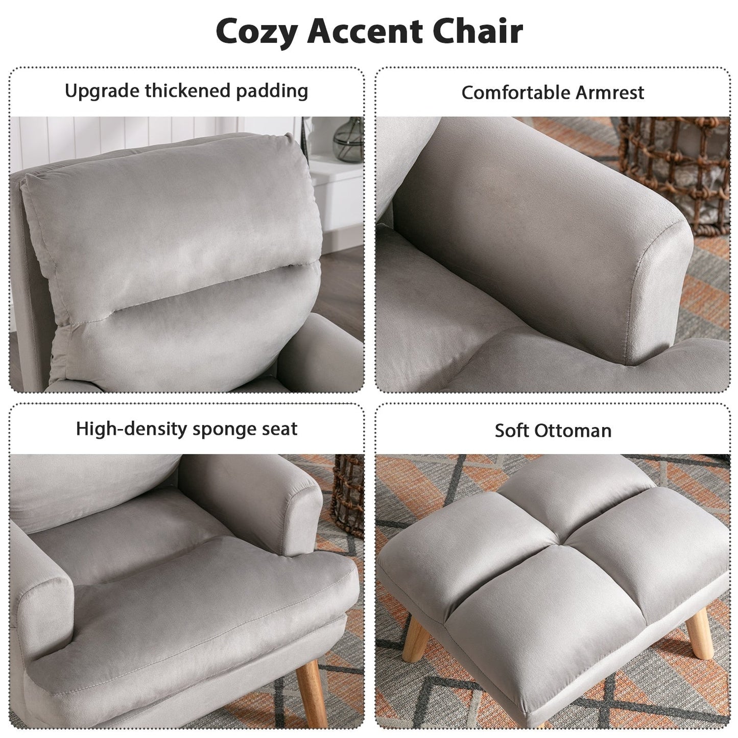 Fauteuil de salon confortable en tissu avec dossier et repose-pieds réglables.