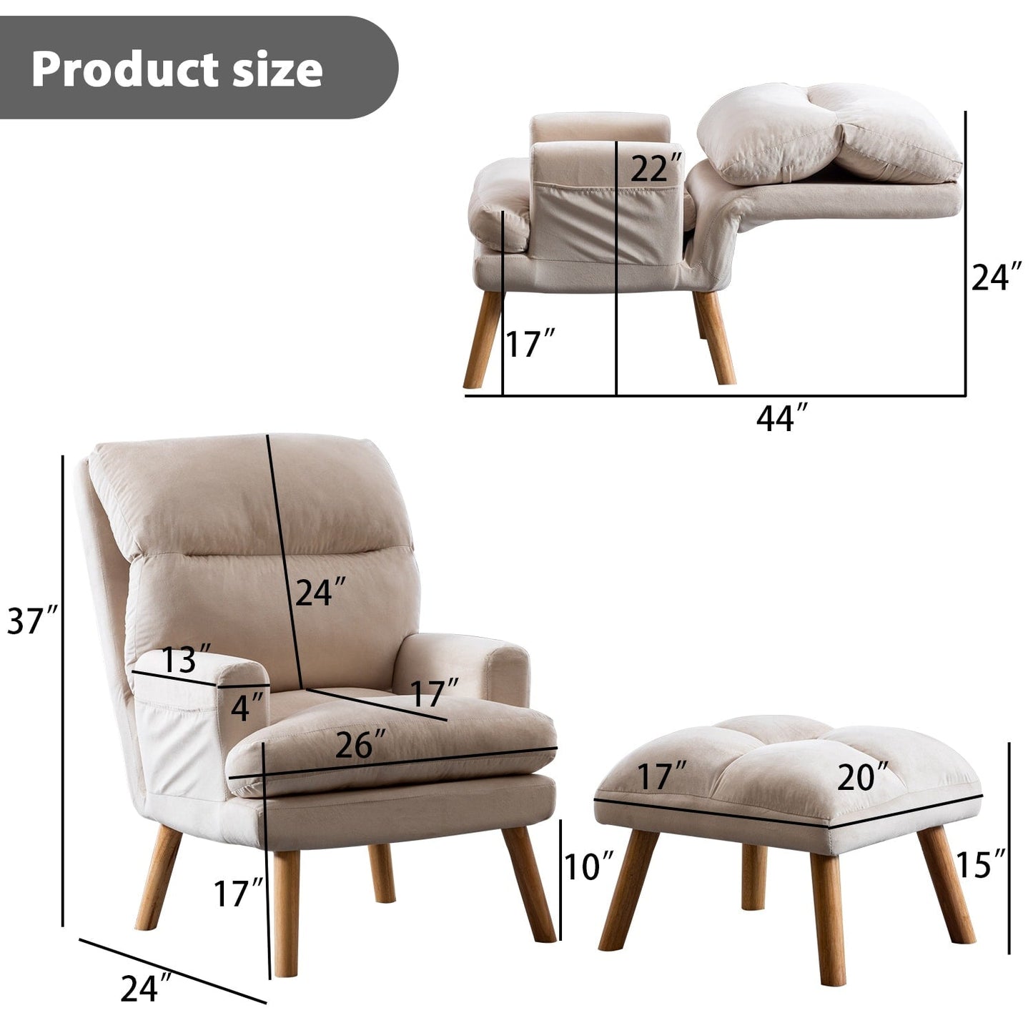 Fauteuil de salon confortable en tissu avec dossier et repose-pieds réglables.