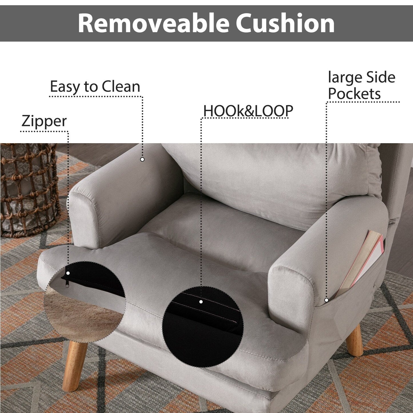 Fauteuil de salon confortable en tissu avec dossier et repose-pieds réglables.