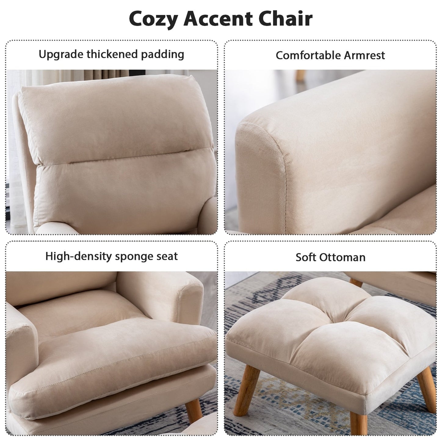 Fauteuil de salon confortable en tissu avec dossier et repose-pieds réglables.